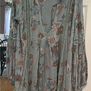 Free People Floral Embroidered Blouse in Blue and Brown